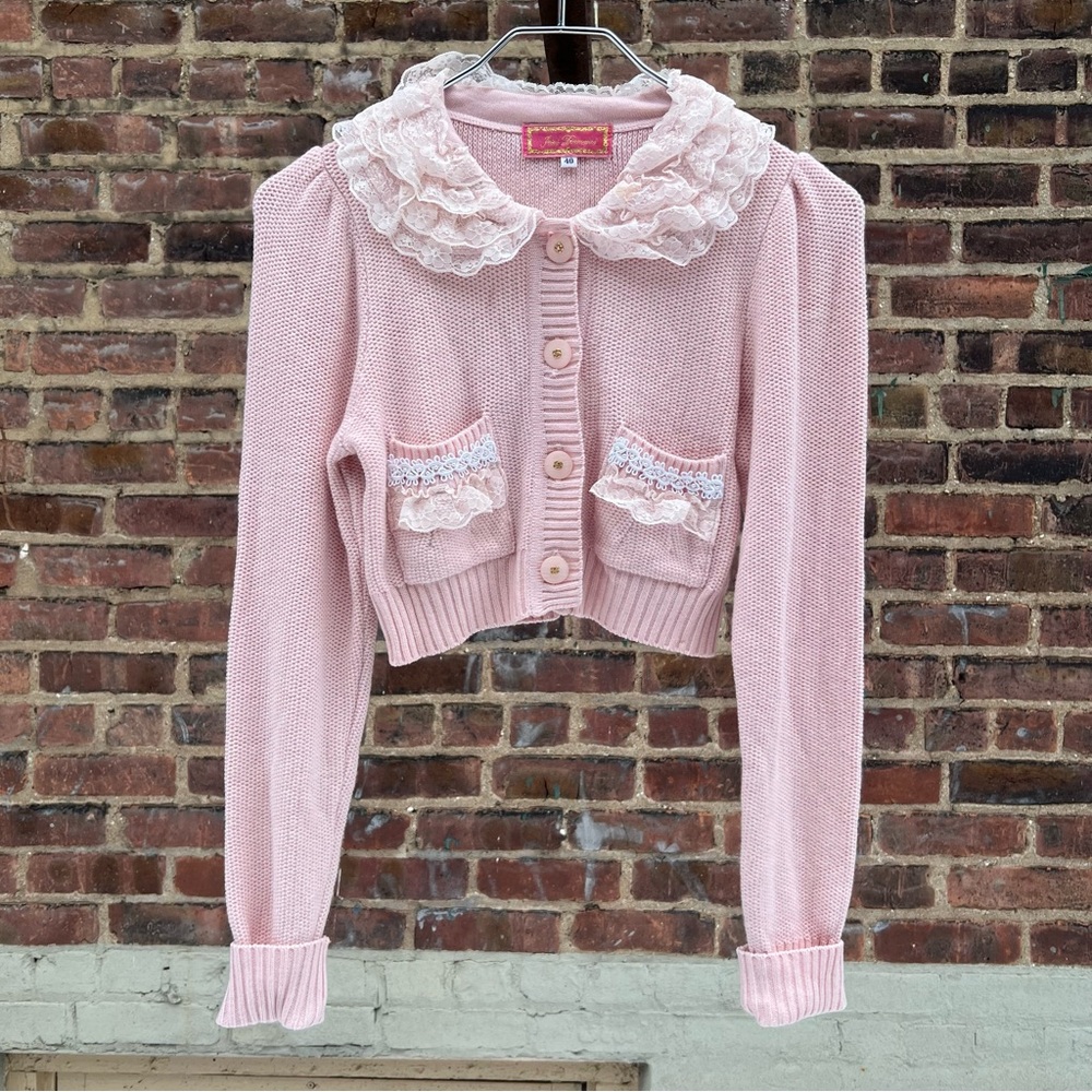 Jesus Diamante Pink Lace Ruffle Cardigan